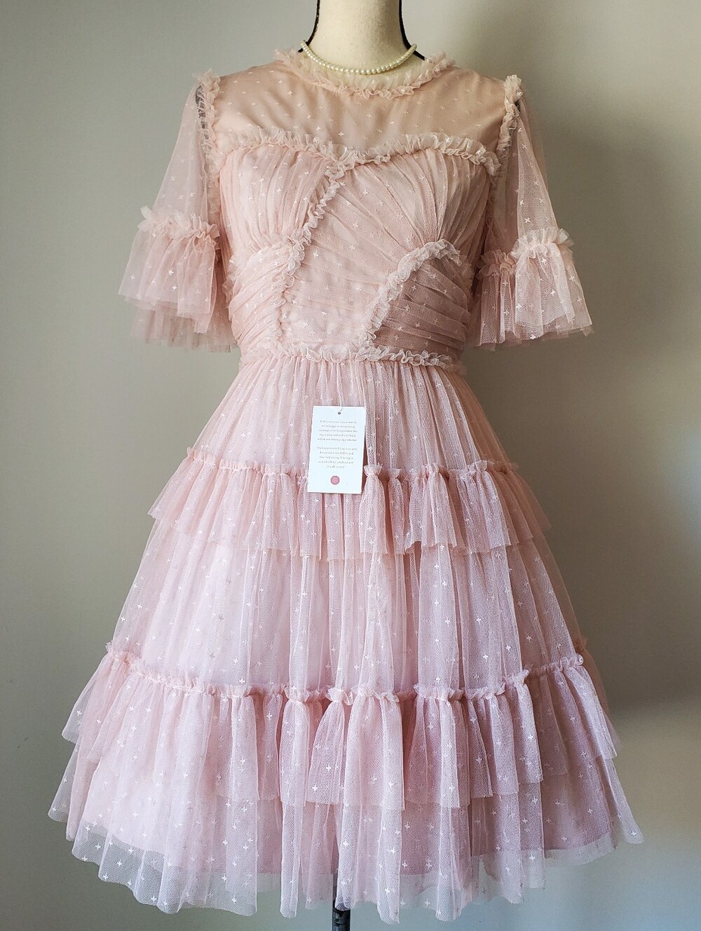 Ivy City Pink Swiss Dot Tulle Tiered Ruffle Dress